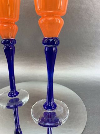 Hand Blown Signed Studio Hand Blown Art Glass 1999 Champagne Flute 11” Orange 3