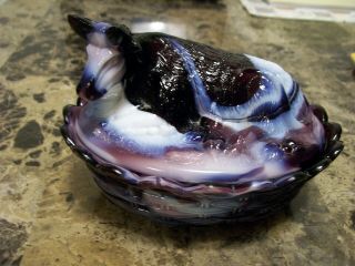 Purple Slag Cow On Nest Candy Dish.