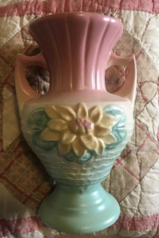 Hull Art Pottery Usa L - 5 - 6 1/2 Water Lily Vase Handled Pink/green