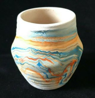 Vintage Nemadji Pottery Pot Vase Mid Century Modern 3 " Orange Blue Yellow
