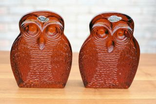Mid Century Blenko Amber Glass Owl Bookends,  Set Of 2 Blenko Glass Company