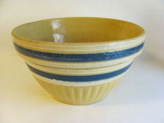 Vintage Yellow Ware Blue & White Striped Mixing Bowl