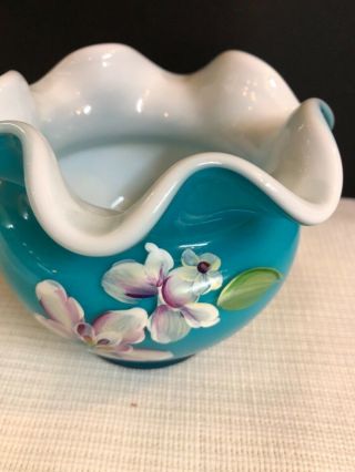 Vintage Fenton Turquoise Cased Glass Rose Bowl/ Vase Signed Hand Painted