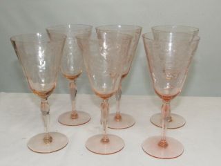 Set Of 6 Pink Etched Depression Stemmed 8 Inch Wine Glasses