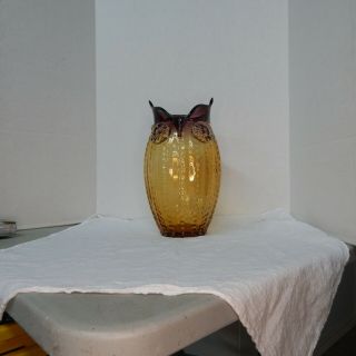 Hand Blown Art Glass Large Owl Vase Graduated Purple Clear Amber Hues,  13 "
