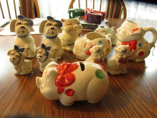 Vintage Shawnee Pottery 11 Items Pig Spout Dog Cat Bank Creamer Pitcher