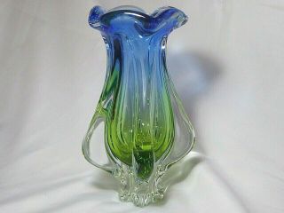 Large Chribska Art Glass 5 Lobed Vase By Josef Hodpodspa Blue & Green 9 1/4 "