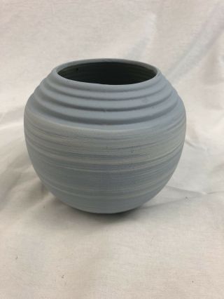 Vintage Mcm Harris Pottery Chicago Blue And White Round Vase