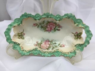 Vintage Cut Out Porcelain Celadon Scalloped Floral Rose Celery Dish