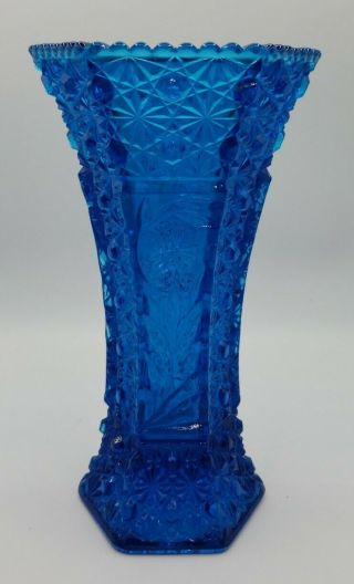 L E Smith Glass Daisy & Button Blue Hexagon Vase With Panels 10 " High