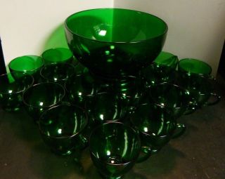 Vintage (18) Piece Ah Forest Green Glass Punch Bowl Set (16) Cups,  Base Excell