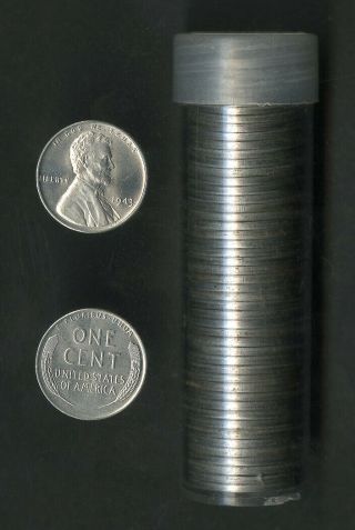 Us Coin 1943 Bu Roll Of 50 Steel Wheat Pennies