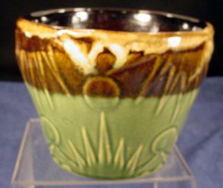 Vtg Sm Mccoy Pottery Brown & Green Drip Glaze Moon Sun Jardiniere 4.  5 X 6 "