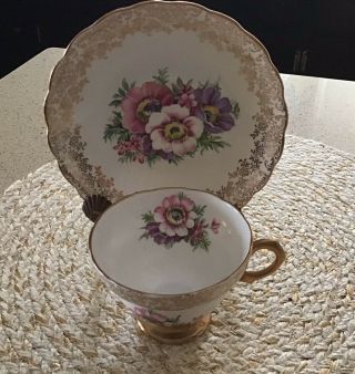 Vintage Rosina Bone China Teacup And Saucer Violets Gold Rimmed Made In England