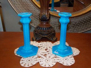 Vintage Delphite Blue Milk Glass Candlestick Pair - 7 " Tall - Candle Holders