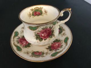 Bone China Cup & Saucer By Queens Rosina Pink Cabbage Roses Green Decor Gold