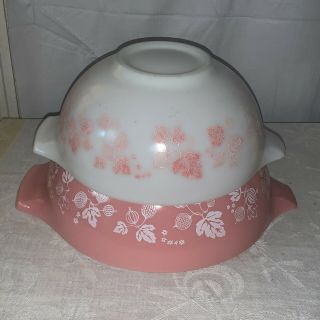 Vintage Pyrex Pink And White Gooseberry Double Handled Mixing Bowls 443 444