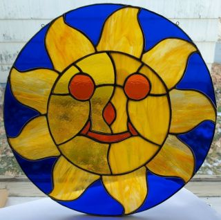 Stained Glass Sun Large 14 " Handmade Yellow Orange Blue Sunshine Round Window