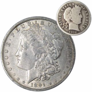 1891 O Morgan Dollar Xf Ef Extremely Fine With 1916 Barber Dime G Good