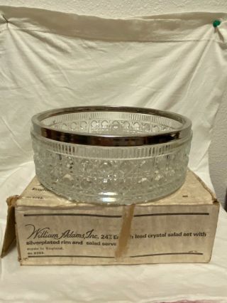 Vintage William Adams 24 Leaded Crystal Salad Bowl,  Silver Plated Rim England