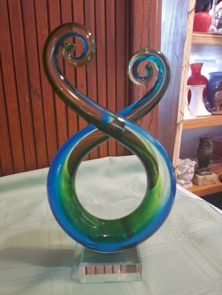 1 Murano Abstract Swirl Art Glass Sculpture Hand Blown Purple,  Blue,  Green,  8.  5 "