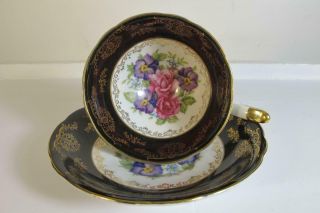 Vintage Shafford Japan Rose Violet Bouquet On Black Background Tea Cup & Saucer