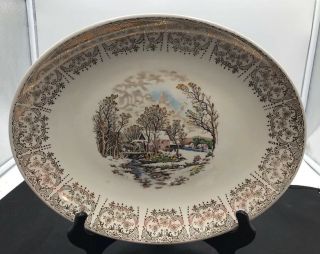 Royal Monarch China Warranted 22kt Gold Currier Ives 12.  5x9.  5” Platter