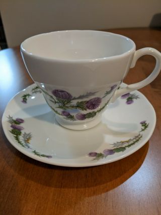 Vintage Bone China Tea Cup & Saucer / Scotland /balfour Purple Thistle W/stand