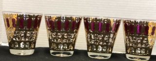 Set Of 4 Vintage Culver Ltd Glasses Red And 22k Gold Panel Bar Cups
