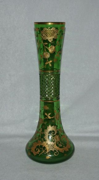 Abp Pairpoint Green Cut Glass Gold Decorated 11 " Vase