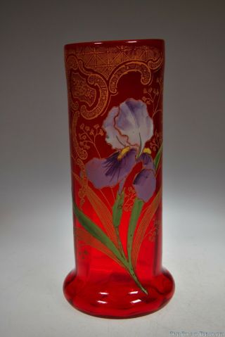 Ruby / Cranberry Victorian Era Hand Painted Iris Cylinder Vase 8 3/4” H - Czech?