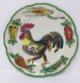 Hand Painted Italian Rooster Chicken Plate 10” 3d Vegetables Country Farmhouse