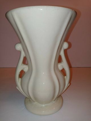 Large Vintage Mccoy Pottery 8.  25 " Double Handle Fiddlehead Strap Vase Cream