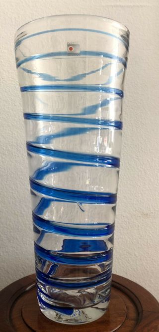 Large Blenko Vintage Art Glass Cobalt Blue Swirl Spiral Vase 16 " With Sticker