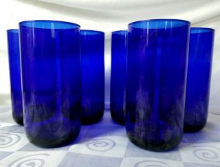 6 Vintage Libbey High Ball Cobalt Blue Glasses Tumblers Rounded Bottom 5¾ " Tall