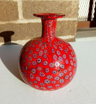 Fratelli Toso Murano Glass Bright Red Millefiori Miniature Vase