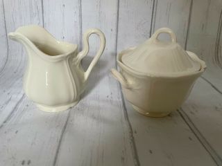 Wedgwood Queen ' s Plain (Stamped Queens Shape) Covered Sugar Bowl and Creamer set 2