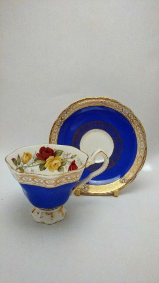 Royal Stafford Yellow & Red Roses Blue Teacup Cup & Saucer Set Blue Body & Gold