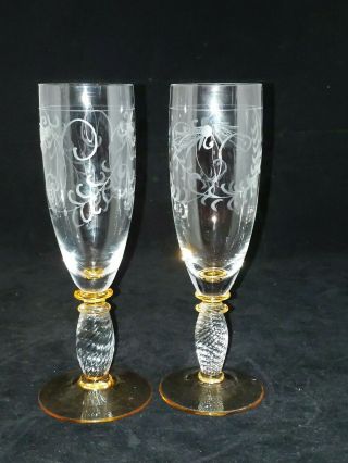 2 Pieroth Theresienthal Champagne Flutes Amber Foot Twist Stem Etched Pattern