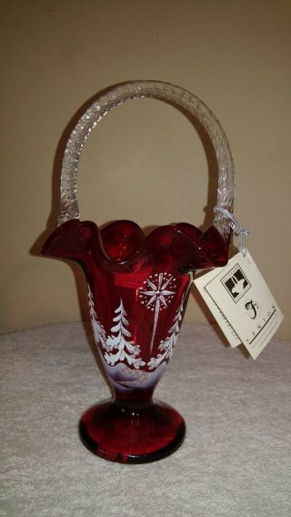 Fenton Art Glass Ruby Red Christmas Basket 2005 Hand Painted & Signed With Tag