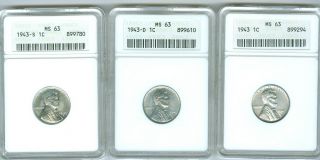 1943/p/d/s Ms63 Lincoln Steel Cent,  Wheat Reverse - Anacs Last Set