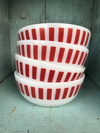 Vintage Hazel Atlas Red Candy Stripe Milk Glass Bowls Set Of 4