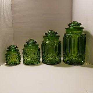 Vintage 4 Piece Le Smith Moon And Star Green Glass Canister Apothecary Set
