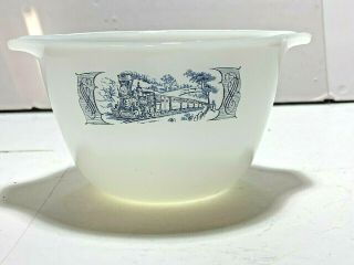 Vintage Currier And Ives Milk Glass Blue Train Railroad Locomotive Mixing Bowl