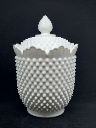 Vintage Mid Century Fenton White Milk Glass Hobnail 11 " Cookie Jar Finial Lid