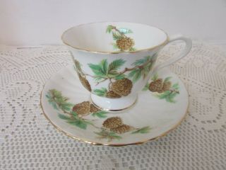 Vtg Clarence Bone China Teacup And Saucer Pine Cones Gold Rimmed England