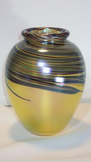 Signed Orient And Flume Studio Art Glass Vase Yellow Gold With Multiple Colors
