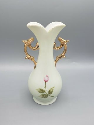 Lefton China Double Gold Handle Vase 9 " Roses Hand - Painted 4072 Japan