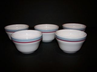 Vintage Syracuse China Custard Bowls Set Of 5 White,  Grey - Blue Band Red Stripe