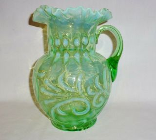 Northwood Opalescent Green Pitcher Crimped Ruffled Rim (9 3/4 " Tall)